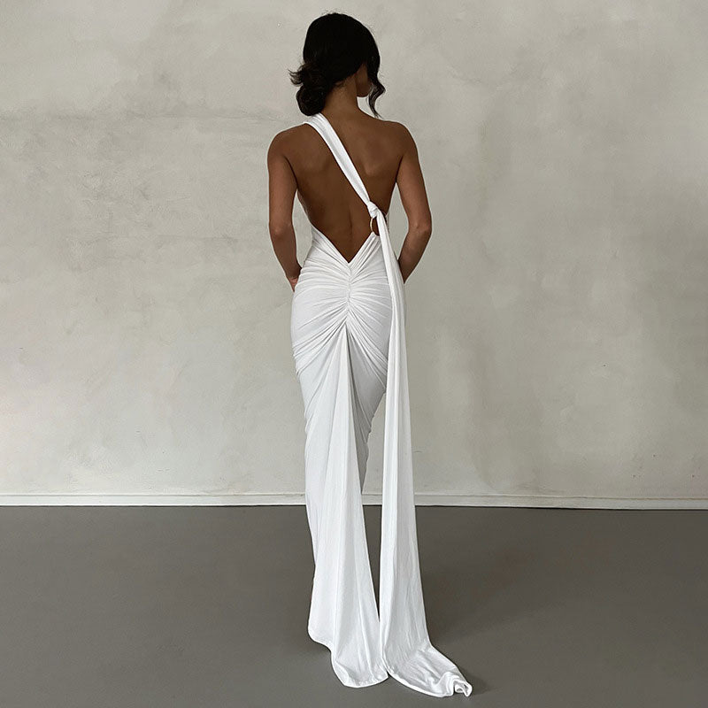 Solid Color One Shoulder Ruched Evening Maxi Dress Black L / Black Party Dresses L