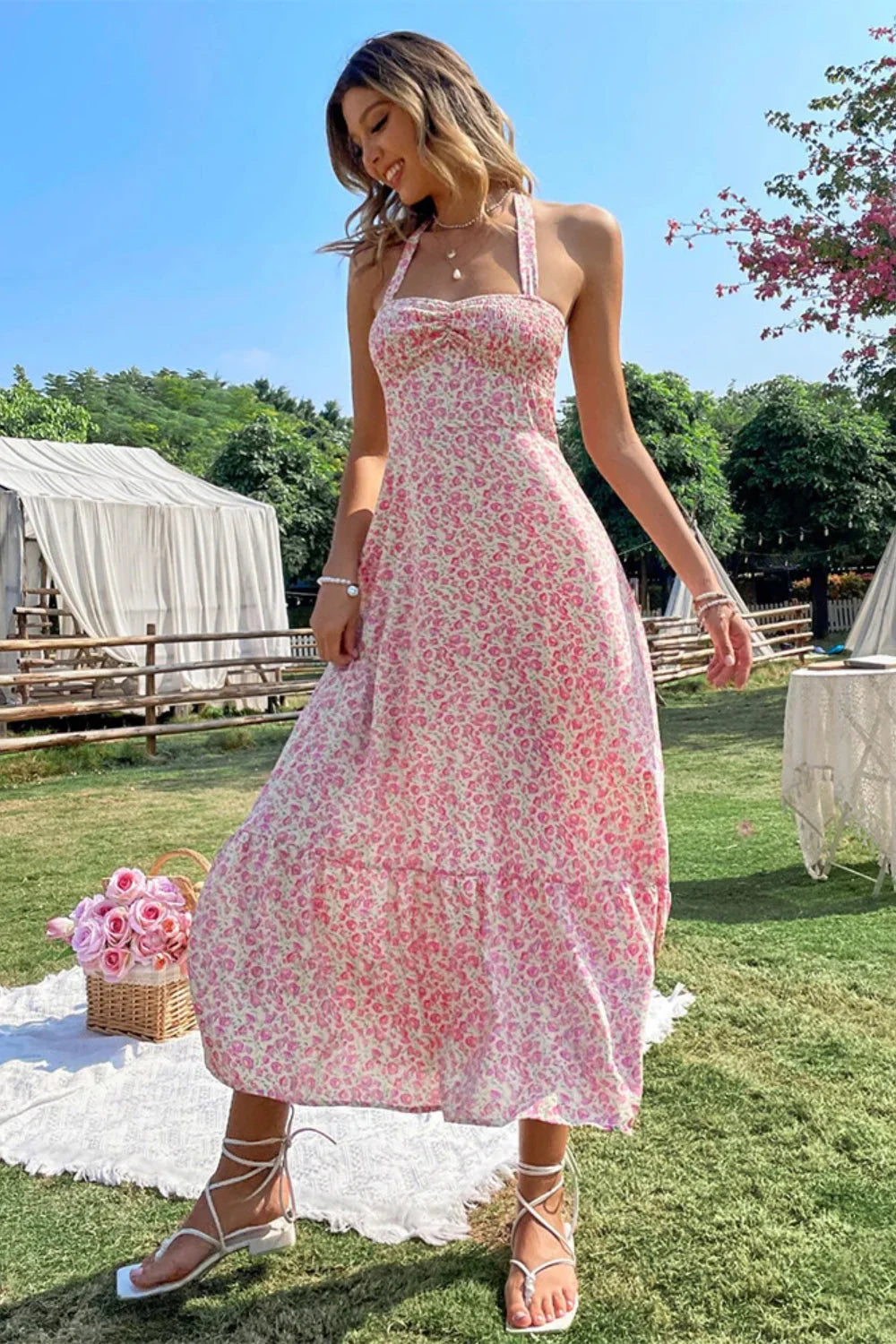 Sexy Wind Neck Sleeveless High Waist Backless A Line Floral Dress Pink / S