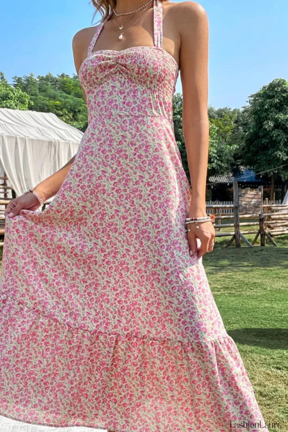 Sexy Wind Neck Sleeveless High Waist Backless A Line Floral Dress