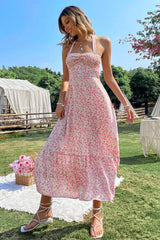 Sexy Wind Neck Sleeveless High Waist Backless A Line Floral Dress Pink / S
