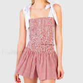 Shirred Tie Shoulder Crop Cami Elastic Waist Shorts Two Piece Set Red / S