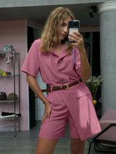 Short Sleeve Collar Pink Pajama Two Piece Set Pink / S