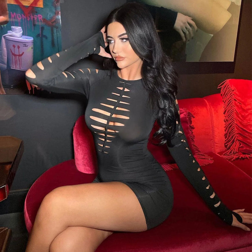 Slashed Ladder Cut Out Crew Neck Long Sleeve Bodycon Mini Dress Black M / Black Party Dresses