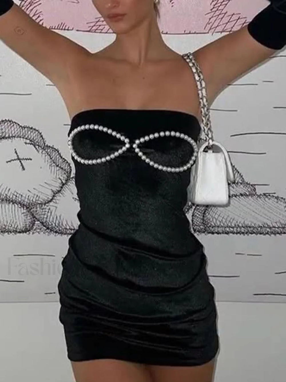 Sleeve Cover Faux Pearl Strapless Velvet Mini Dress Mini Dresses