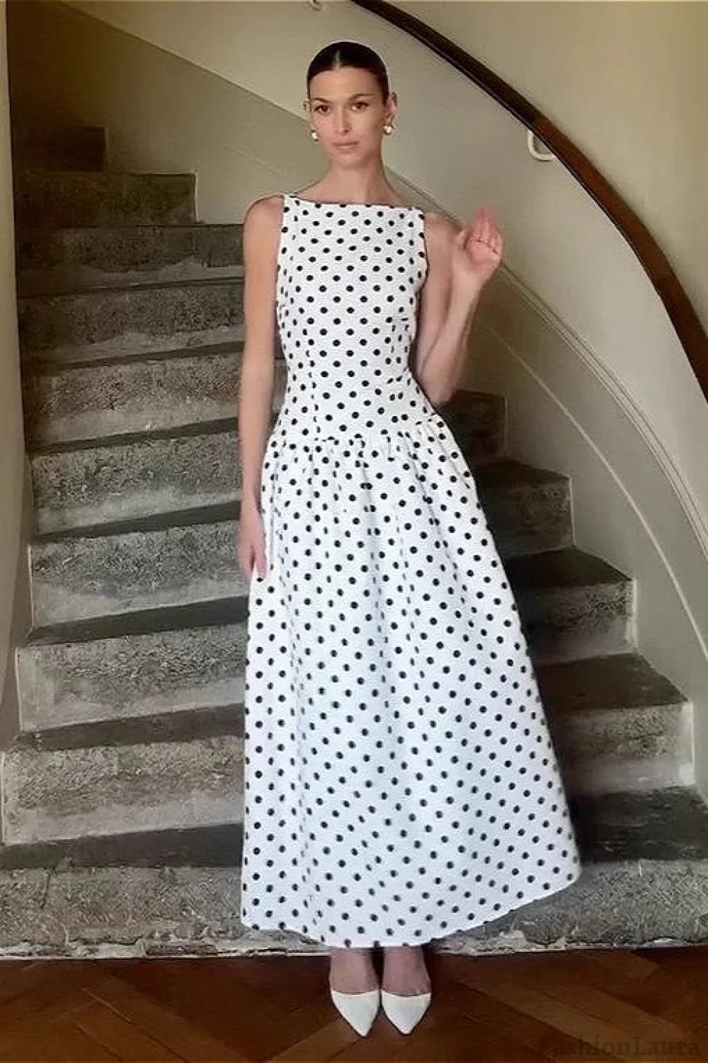 Sleeveless Polka Dot Casual Maxi Dress