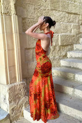 Slim Fit Printed Split End Holiday Floral Dress