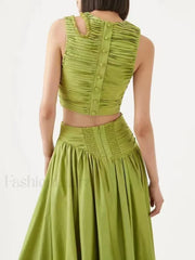 Slim Hollow Pleated Skirt Two Piece Set