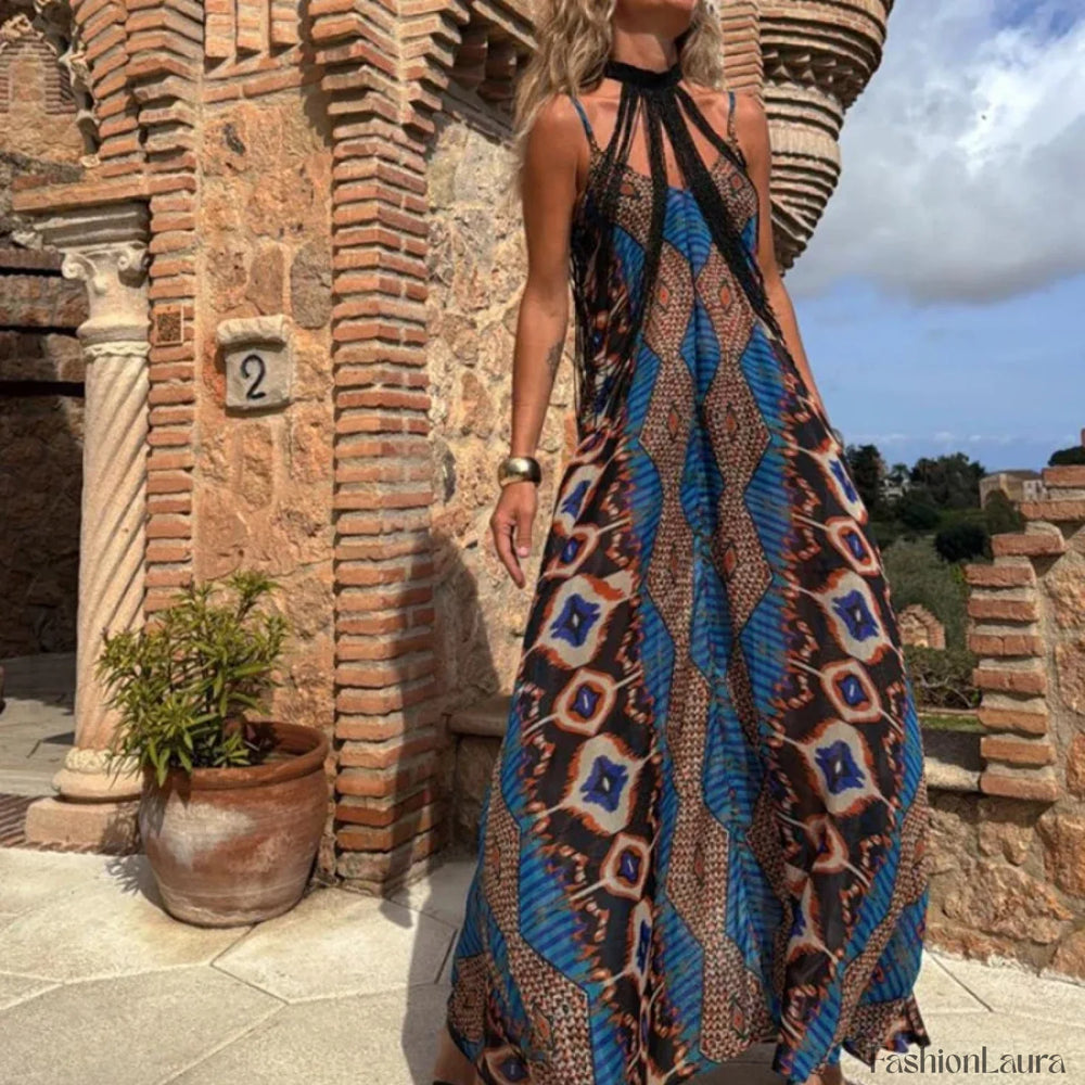 Slim Suspender Print Boho Dress