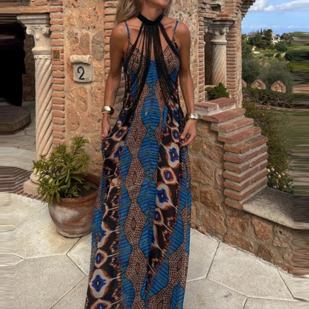 Slim Suspender Print Boho Dress