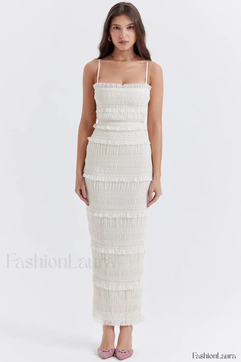 Solana Ivory Sequin Charming Pleat Maxi Dress