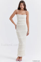 Solana Ivory Sequin Charming Pleat Maxi Dress XS / Ivory