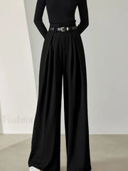 Solid Belted Pleated Trendy Wide Leg Pants Pants