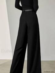 Solid Belted Pleated Trendy Wide Leg Pants Pants