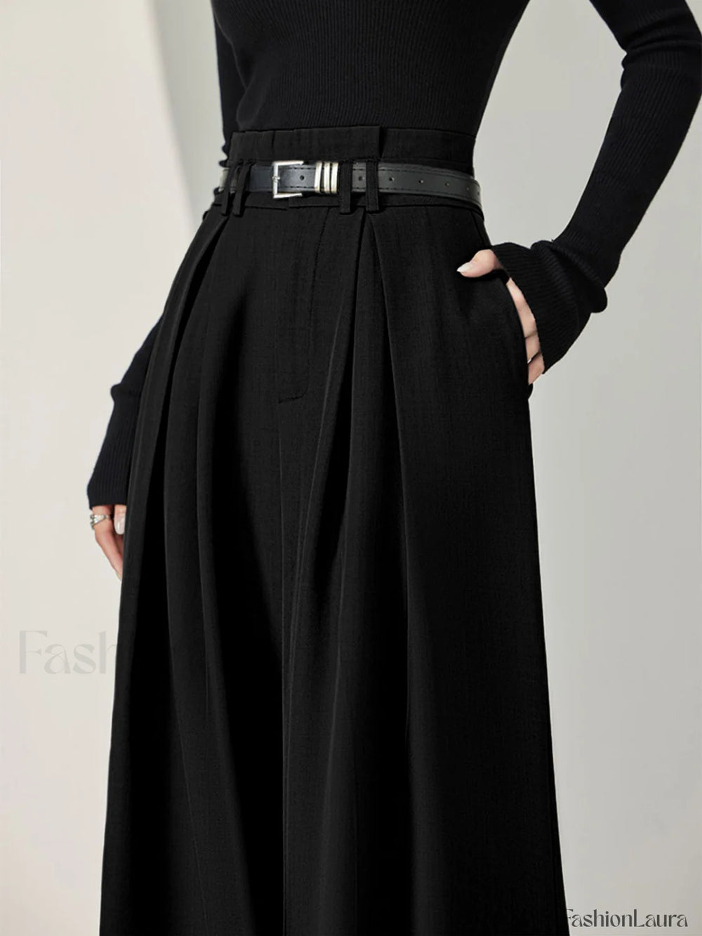 Solid Belted Pleated Trendy Wide Leg Pants Pants