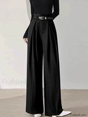 Solid Belted Pleated Trendy Wide Leg Pants Black / XS Pants
