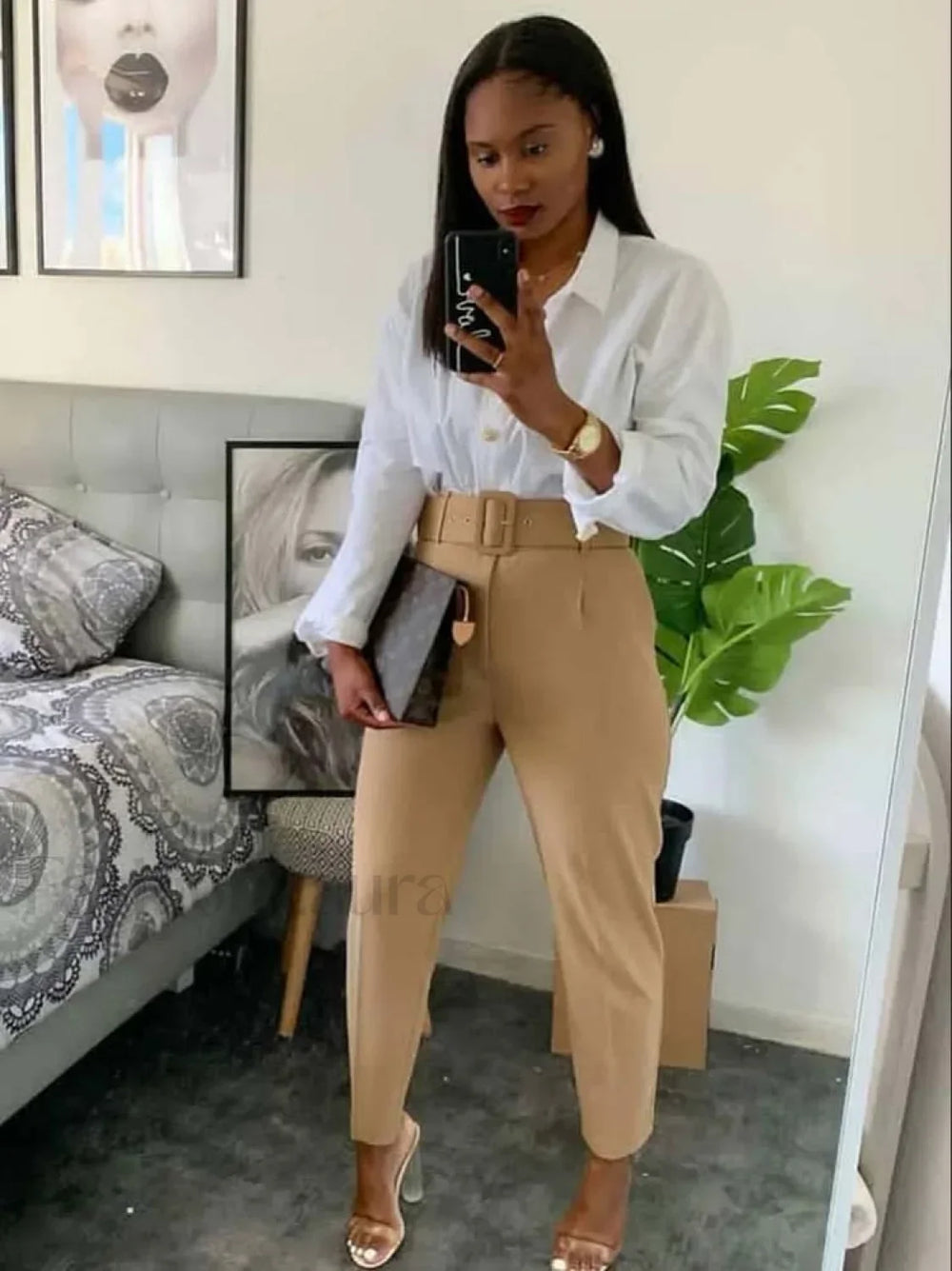 Solid Color Belted Pencil Pants Pants