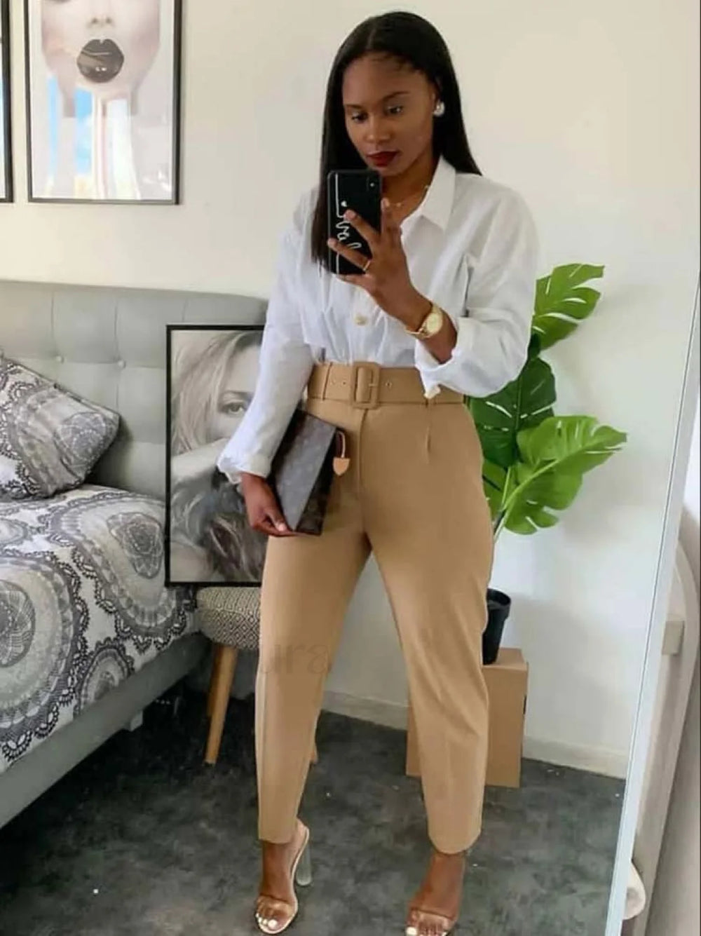 Solid Color Belted Pencil Pants Pants