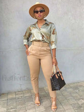 Solid Color Belted Pencil Pants Khaki / M Pants