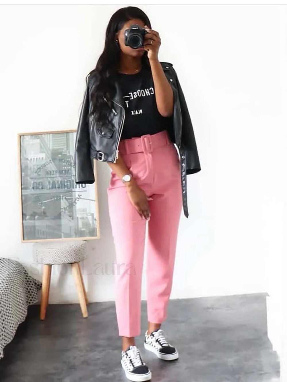 Solid Color Belted Pencil Pants Pink / M Pants