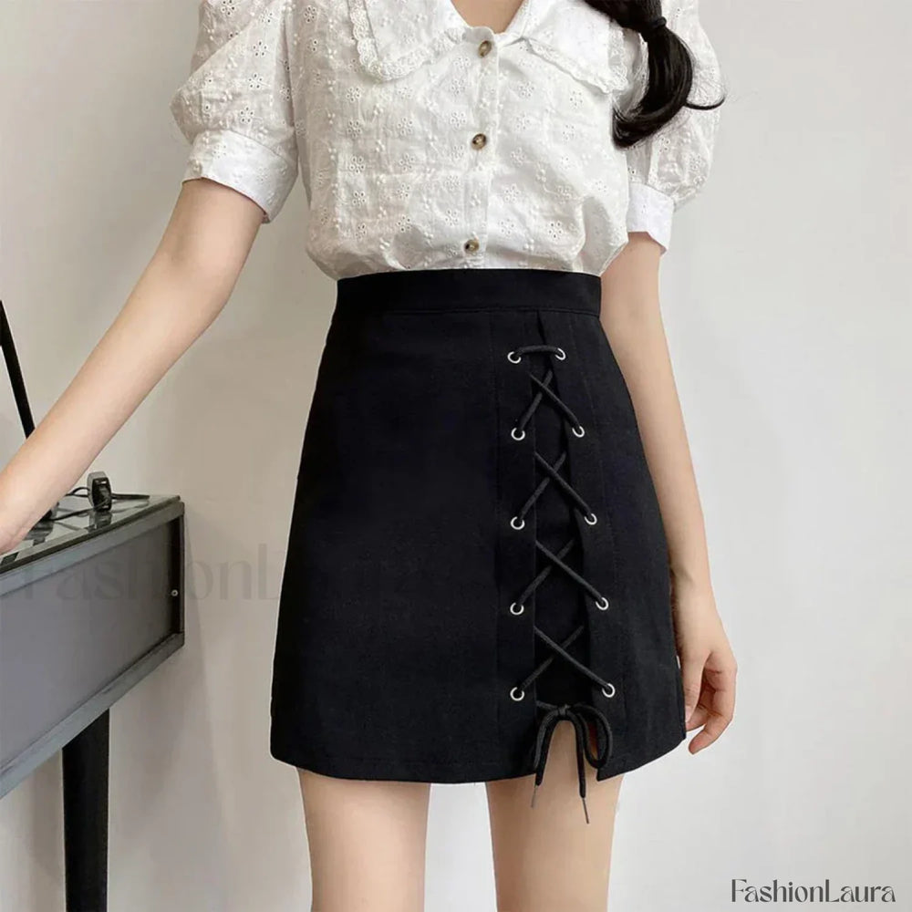 Solid Color Street A line Bandage Skirt Black / M