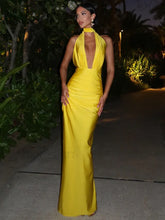 Solid Deep V Halter Maxi Dress Yellow / S