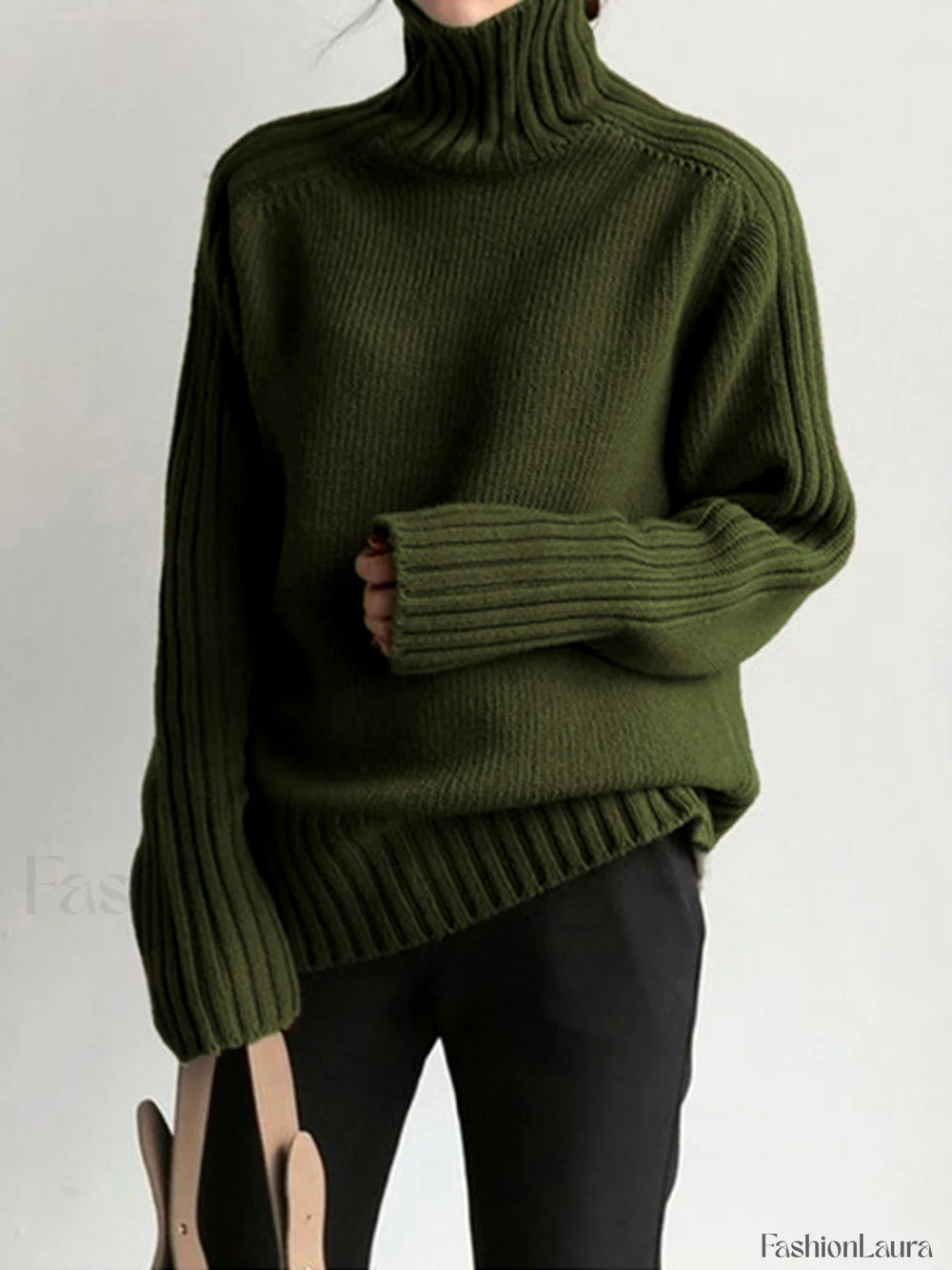 Solid High Neck Knit Sweater ArmyGreen / XS Sweaters