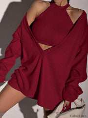 Solid Ribbed Knit Sweatshirt with Vest Red / XS Sweatshirts