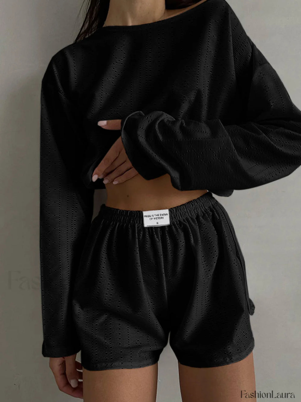 Solid Ripped Graceful Split Shorts Set Black / XS Short Sets