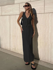 Solid V Neck Backless Tie Up Classic Halter & Split Maxi Skirt Set Black / XS Skirt Sets