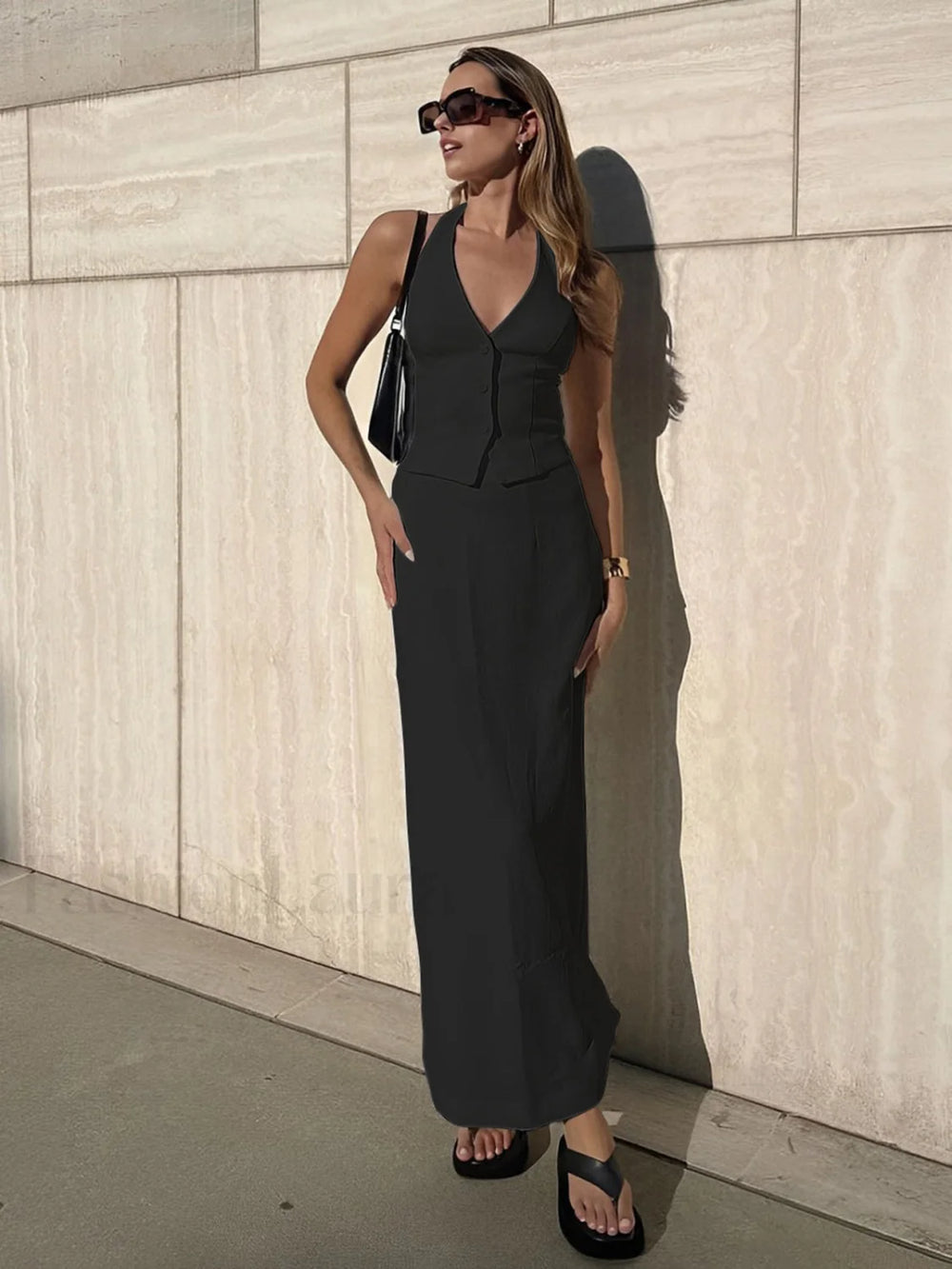 Solid V Neck Backless Tie Up Classic Halter & Split Maxi Skirt Set Black / XS Skirt Sets