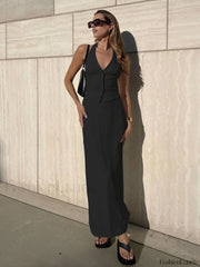 Solid V Neck Backless Tie Up Classic Halter & Split Maxi Skirt Set Black / XS Skirt Sets