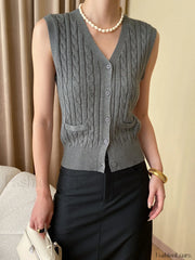 Solid V Neck Graceful Button Knitted Vest Sweaters L
