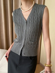 Solid V Neck Graceful Button Knitted Vest Sweaters L