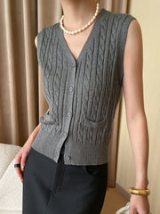 Solid V Neck Graceful Button Knitted Vest Sweaters L
