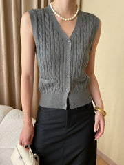Solid V Neck Graceful Button Knitted Vest Sweaters L