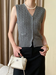 Solid V Neck Graceful Button Knitted Vest Sweaters L