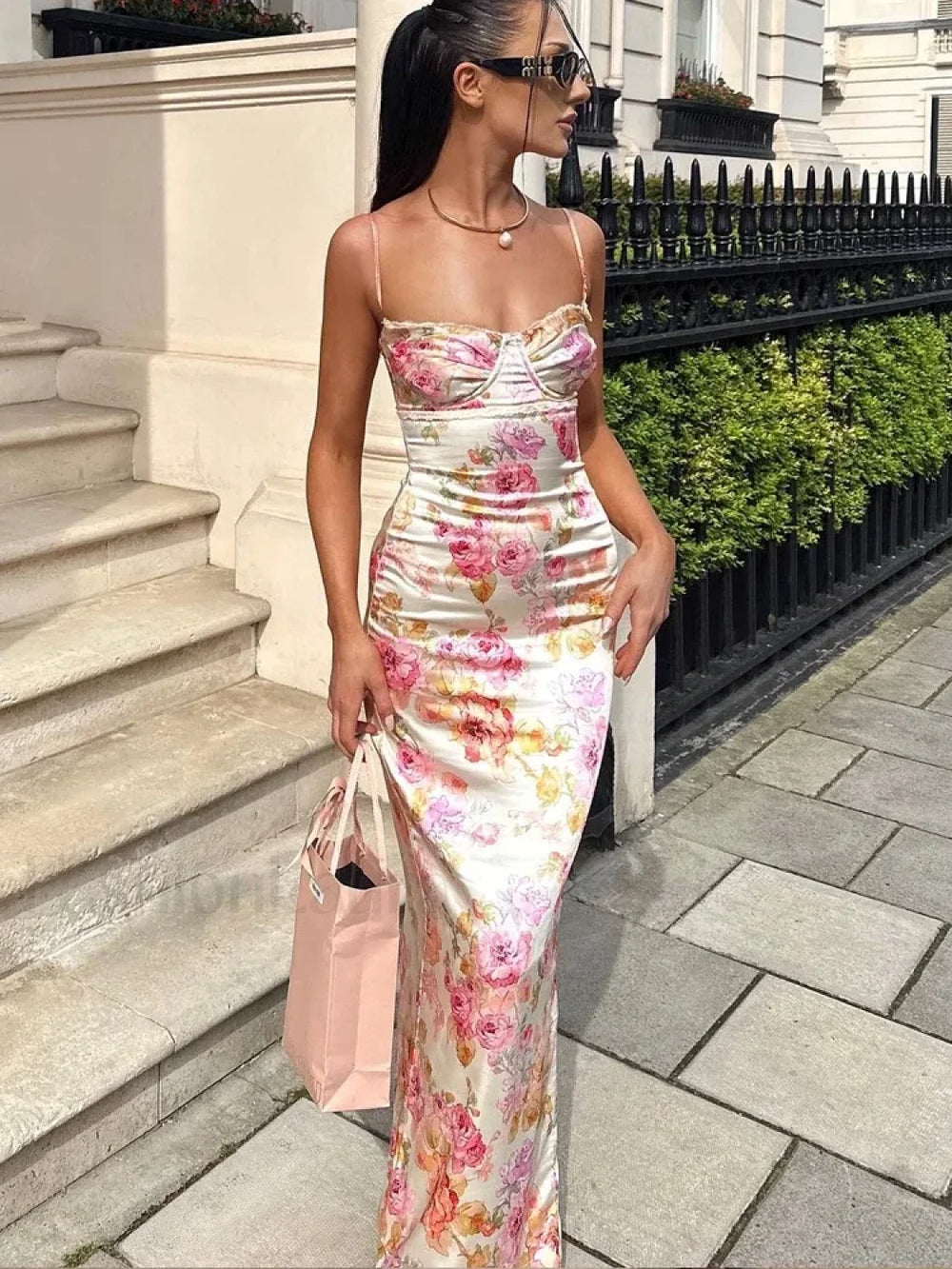 Spaghetti Strap Floral Print Party Dress Elegant Bodycon Floral Dress