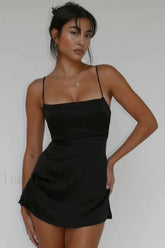 Spaghetti Strap Stylish Mini Satin Dress S / Black