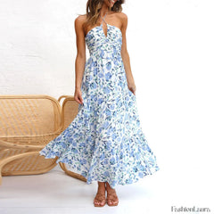 Spaghetti Strap V neck Floral Dress blue2 / S / CHINA