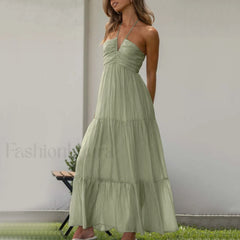 Spaghetti Strap V neck Floral Dress Green / S / CHINA