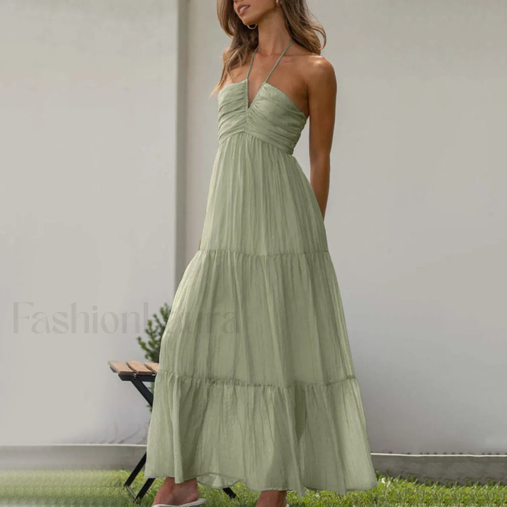Spaghetti Strap V neck Floral Dress Green / S / CHINA