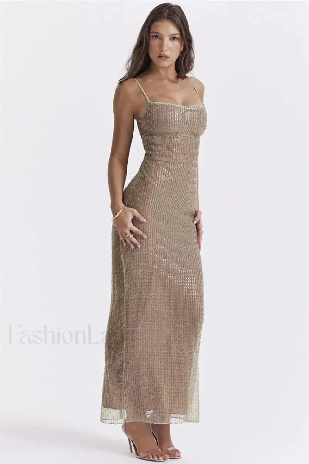 Sparkle Sequined Stylish Fit Maxi Dress S / Silver Sequin