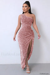 Sparkly Sequin One Charming Shoulder Maxi Dress