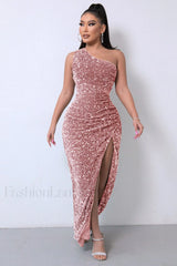 Sparkly Sequin One Charming Shoulder Maxi Dress