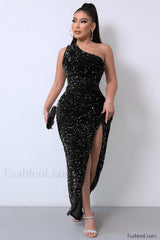 Sparkly Sequin One Charming Shoulder Maxi Dress S / Black