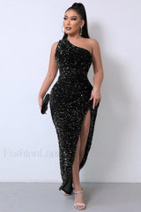 Sparkly Sequin One Charming Shoulder Maxi Dress S / Black