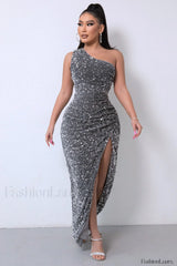 Sparkly Sequin One Charming Shoulder Maxi Dress S / Silver