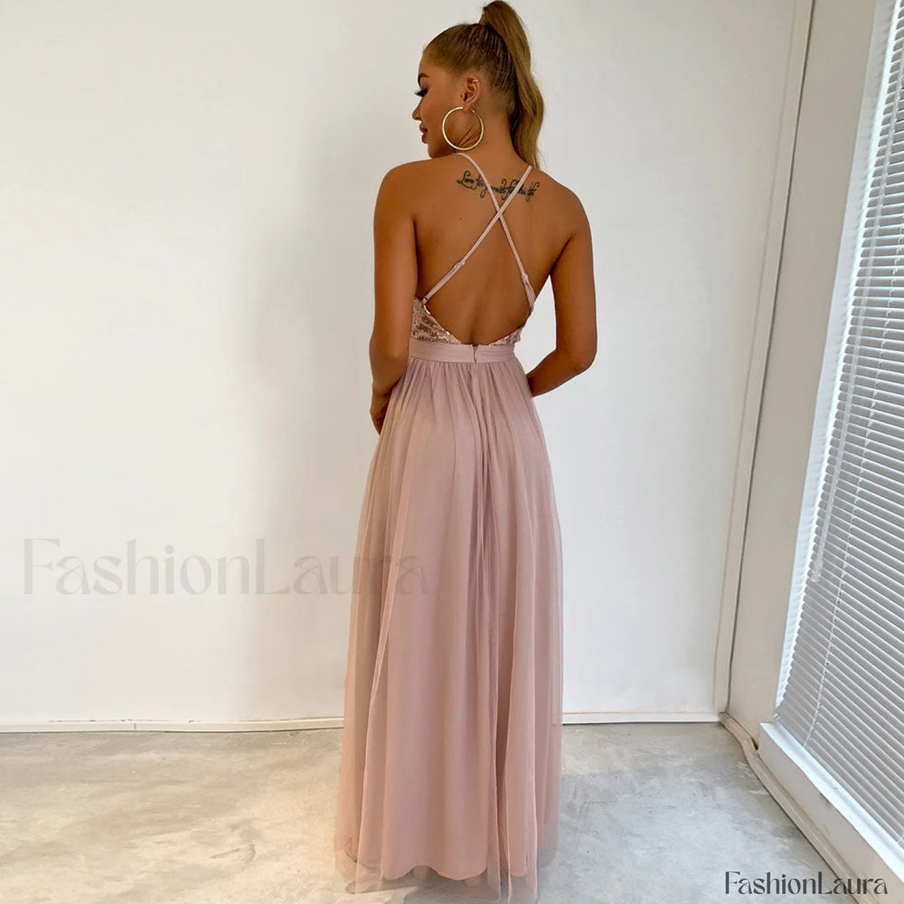 Sparkly Sequin Panel Mesh Deep V Evening Maxi Dress Champagne L / Champagne Formal Dresses