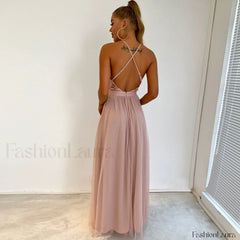 Sparkly Sequin Panel Mesh Deep V Evening Maxi Dress Champagne L / Champagne Formal Dresses