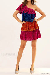 Sparkly Sequined One Charming Shoulder Mini Dress